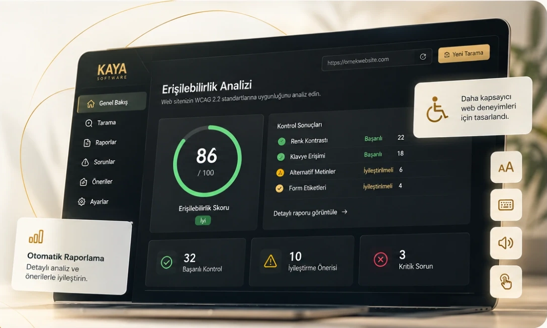 KayaSoft Erişilebilirlik Kontrol Motoru ekranı açık bir dizüstü bilgisayar.
